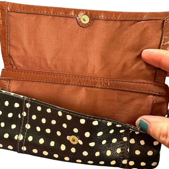 Fossil Vintage Wallet “Sydney” Brown Leather Retro Black White Polka Dot Trifold - Picture 3 of 4
